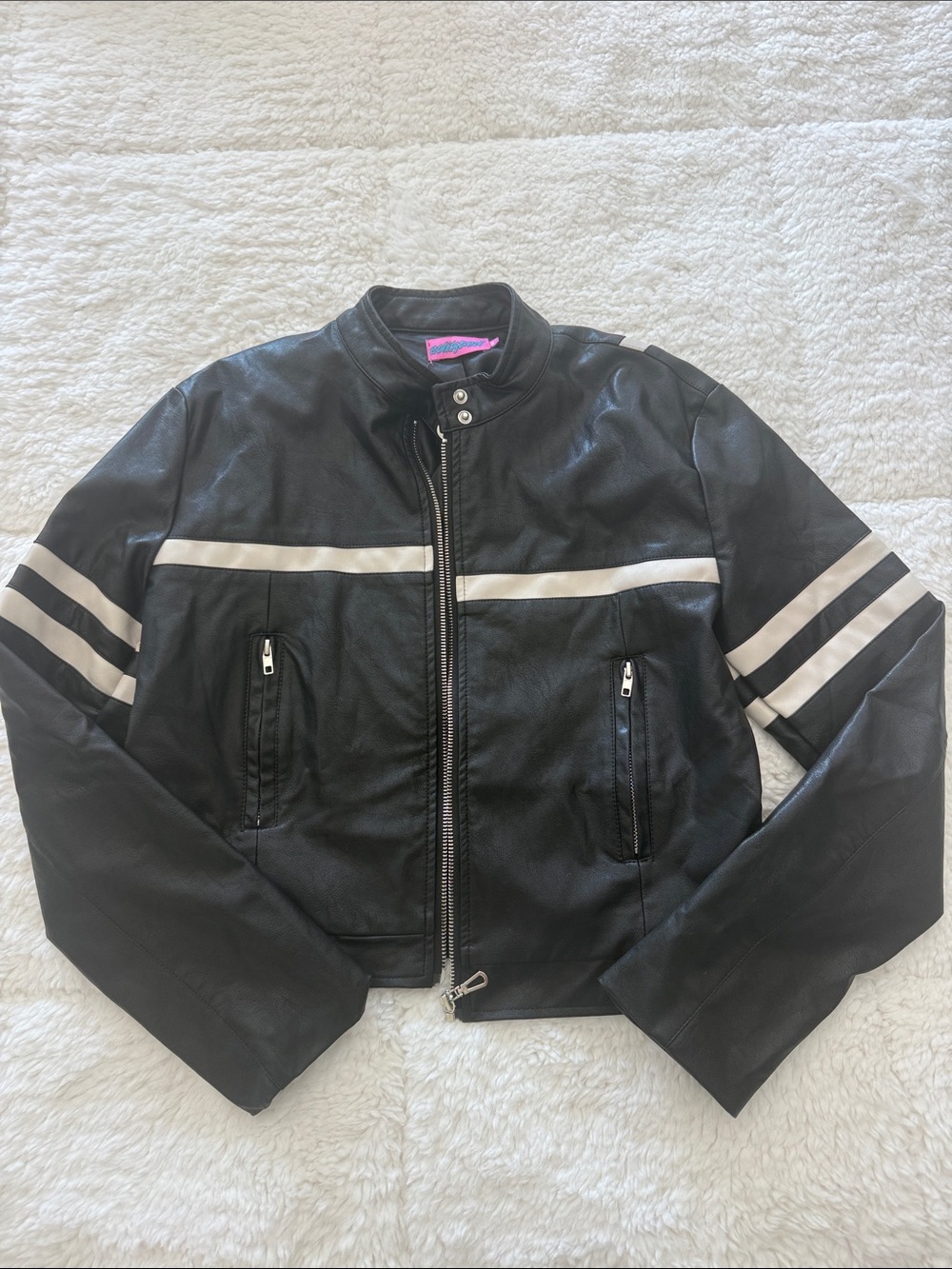 Edikted Black Leather Moto Jacket with Cream Racing Stripes